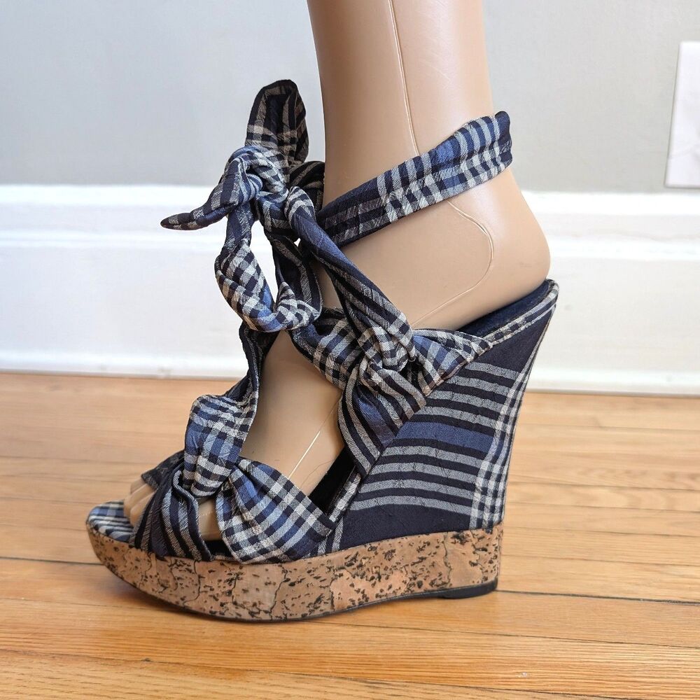 Donna Karan Navy and White Plaid Wedge Sandals